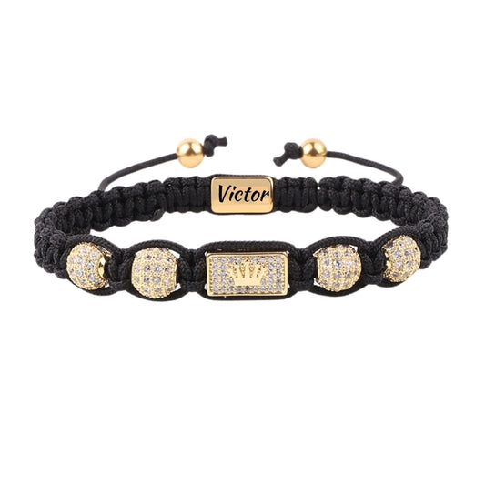 Brățară Premium din Șnur Negru cu Coroană Regală Aurie și Pietre Zirconiu, placată cu aur 14K, pentru Bărbați